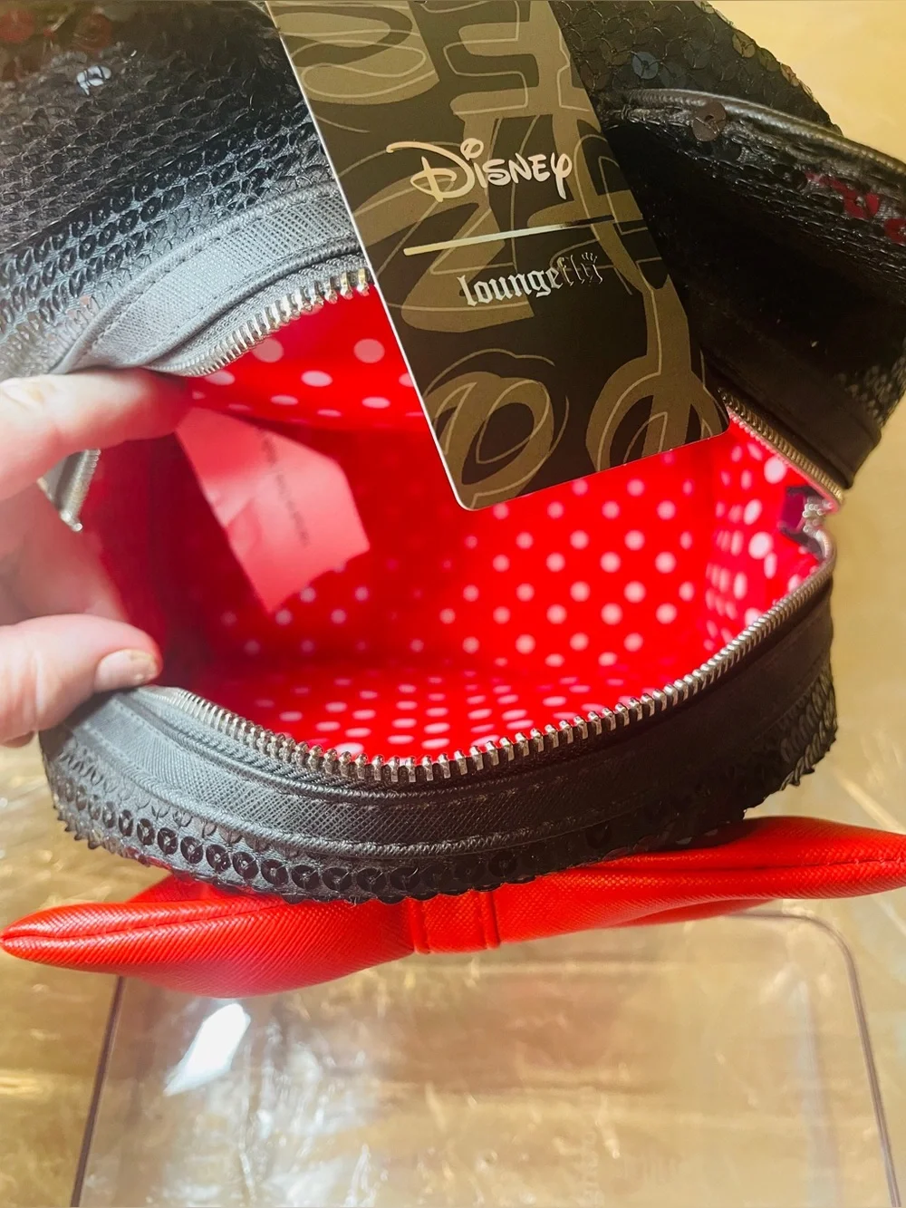 Loungefly Black Sequined Minnie Mouse Mini Backpack with Red Bow and Mouse Ears